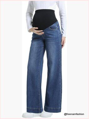 Maternity Jeans Wide Leg Over Belly Support Stretch Denim Pants with Pockets